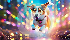 running dog on a colorful light background with a bokeh effect