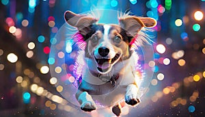 running dog on a colorful light background with a bokeh effect