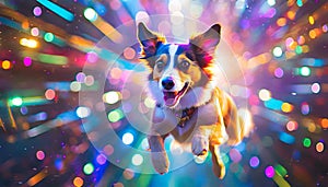 running dog on a colorful light background with a bokeh effect