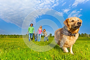 Running dog in front of happy family