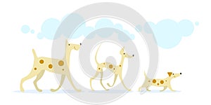 Running dogs. Three smiling cheerful dogs golden color in red spots running under the blue clouds. On a white background