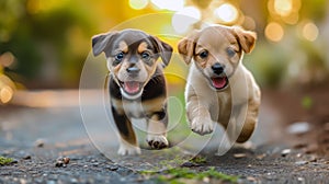 Running Duel: Two Puppies in a Funny Game. Created by AI