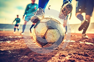 Running feet and soccer ball close-up