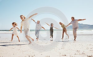 Running, freedom and family on beach, airplane and game with travel and fun, grandparents with parents and kids outdoor