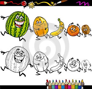 Running fruits cartoon coloring page
