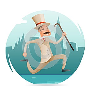 Running Gentleman Happy Victorian Hurry Wealthy Man Character Icon Retro Cartoon Design Vector Illustration