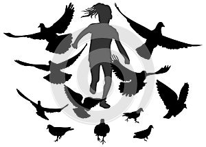 Running girl chases birds pigeons, black silhouette. Carefree childhood. Vector illustration