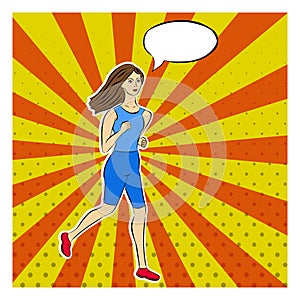 Running girl in pop-art style. Dotted, rays, pop art background pin-up pattern. Comic speech, thought bubble. Comic woman