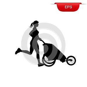 Running girl with stroller, fitness, vector illustration, icon