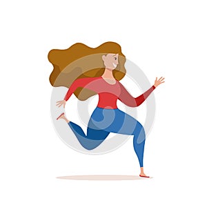 Running girl vector illustration in cute colorful cartoon flat style.