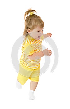 Running girl in yellow shirt and pants