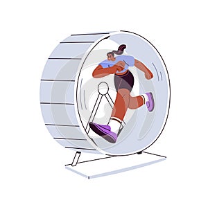 Running in hamster wheel. Woman hurrying, rushing in circle. Rat race, repetitive eternal work, monotonous routine