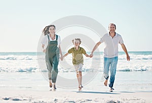 Running, happy and holding hands with family on the beach for support, summer vacation or bonding. Freedom, health and