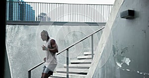 Running, health and stairs with people in city for fitness, marathon training and challenge. Wellness, sports and
