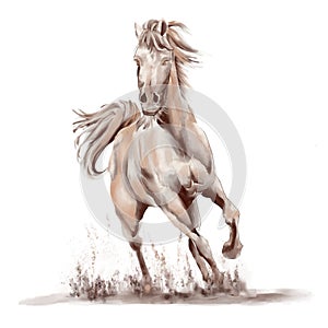 Running horse black and white watercolor style on white background