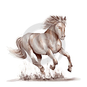 Running horse black and white watercolor style on white background