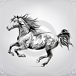 Running horse in floral ornament. vector illustration