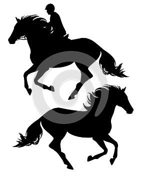 Running horse and rider black vector silhouette