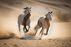 Running Horses in Gallop on Desert Sand Ai generated art