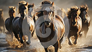 Running horses in a meadow, showcasing the beauty of nature generated by AI