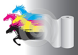 Running horses with print colors on roll of paper.