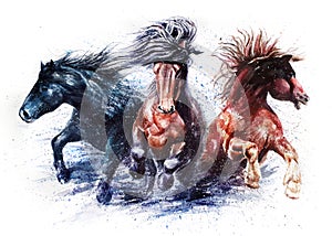 Running horses, watercolor colorful painting, animals