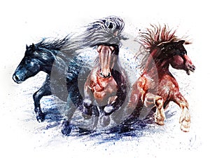 Running horses, watercolor colorful painting, animals