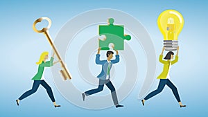 Businesspeople running with light bulb, puzzle piece, and golden key. Vector illustration. photo
