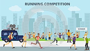 Running jogging marathons competitions race vector illustration. Sport runners group men and women in motion. Running