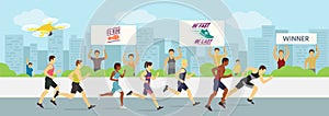 Running jogging marathons competitions race vector illustration. Sport runners group men and women in motion. Running