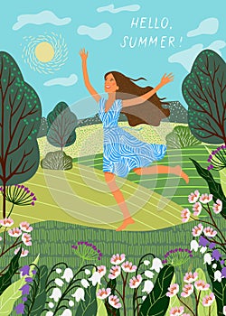 Running joyful girl on the background of fields and meadows. Cute vector illustration.