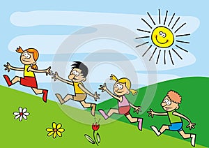 Running kids, races in the field, funny postcard