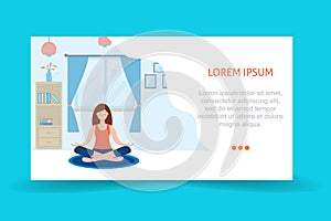 Running landing page template. girl sitting cross-legged in her room or apartment, practicing yoga and enjoying meditati