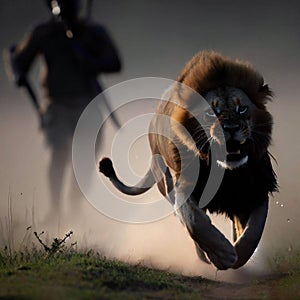 a running Lion chased by a hunter