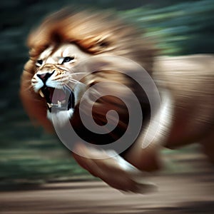 Running lion in a motion blur action style with the head in focus, generative AI