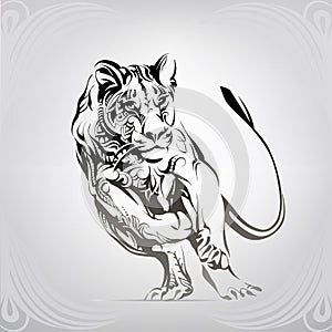 Running lioness in a floral ornament. vector illustration