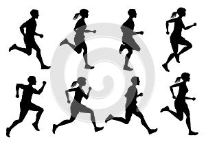 Running male and female, jogging people vector silhouettes
