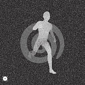 Running man. 3D model of man. Black and white grainy design. Stippling effect. Vector illustration