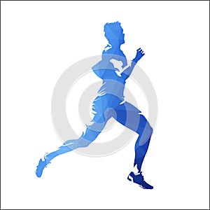 Running man, blue geometric vector silhouette
