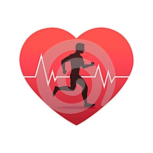 Running man in heart strong with line ecg heartbeat, Healthy cardio, Simple flat design icon symbol