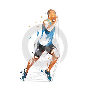 Running man, low polygonal vector illustration. Geometric runner, side view, athletics