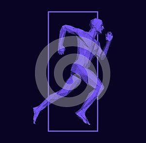 Running man or marathon runner. 3D human body model. Design for sport. Vector illustration composed of particles