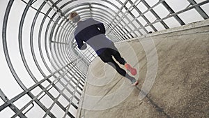 Running Man In Sportswear Workout Before Triathlon, Sprinting In Glass Tunnel.