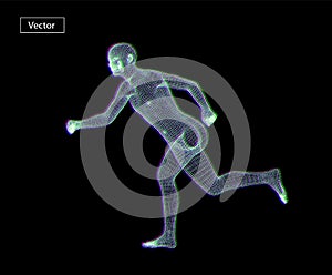 Running Man wireframe art illustration. Polygonal space low poly with connected dots and polygon lines.3D vector wireframe mesh