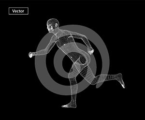 Running Man wireframe art illustration. Polygonal space low poly with connected dots and polygon lines.3D vector wireframe mesh