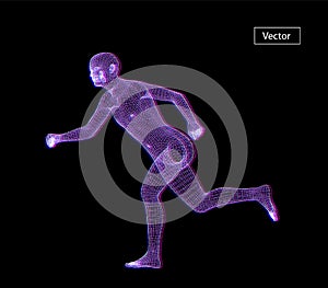 Running Man wireframe art illustration. Polygonal space low poly with connected dots and polygon lines.3D vector wireframe mesh