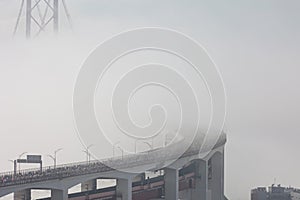 Running marathon - a crowd of people running on the bridge in a thick white fog