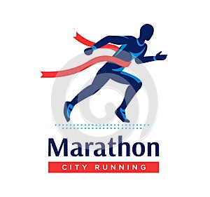Running marathon logo or label. Runner with red ribbon. Vector flat symbol.