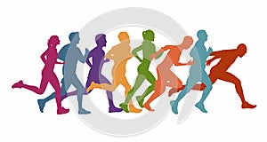 Running marathon, people run, colorful poster. Vector illustration background silhouette