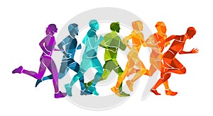 Running marathon, people run, colorful poster. Vector illustration background silhouette sport